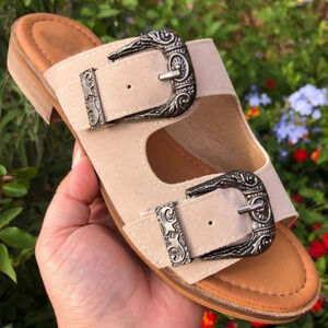 New! Tan Suede Western Buckle Slip On Slide Sandals in Sand